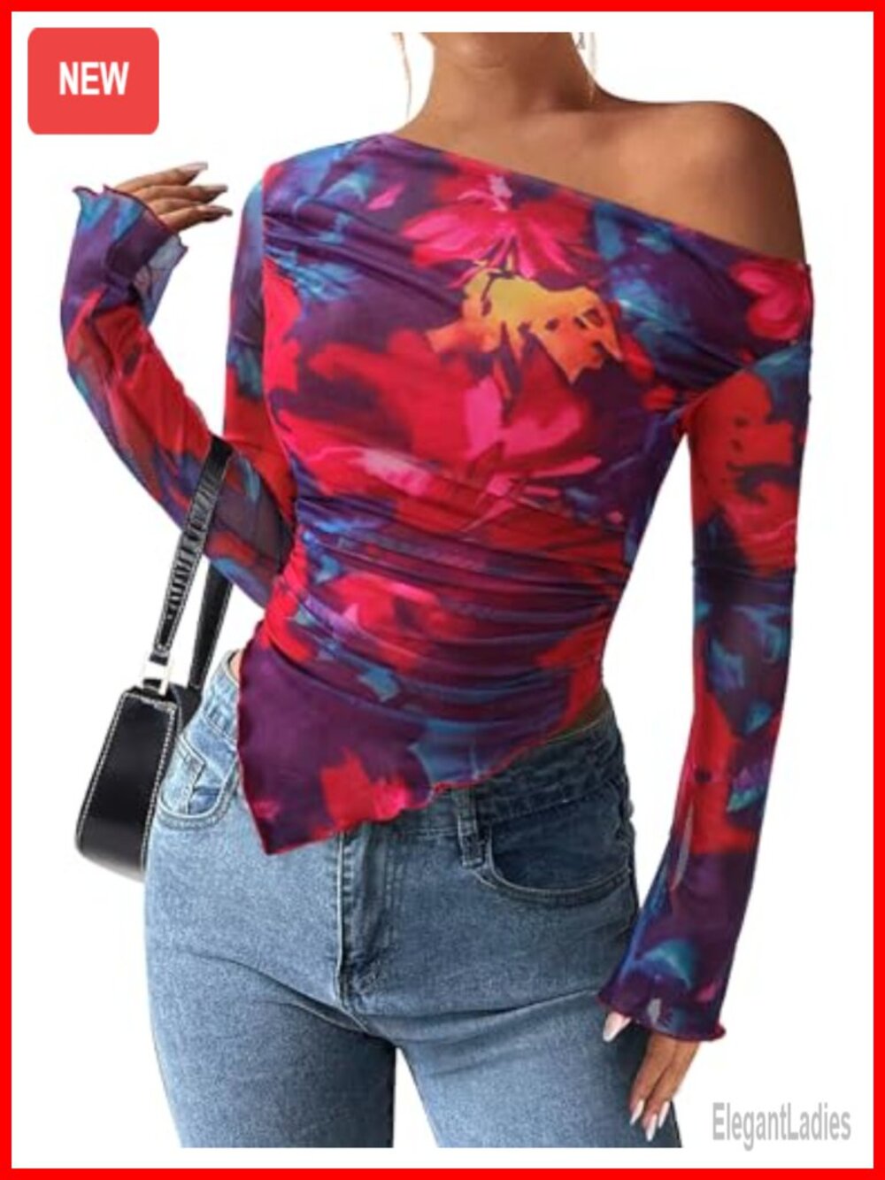 Off Shoulder Mesh Y2K Top Women's Long Sleeve Ruched Blouse